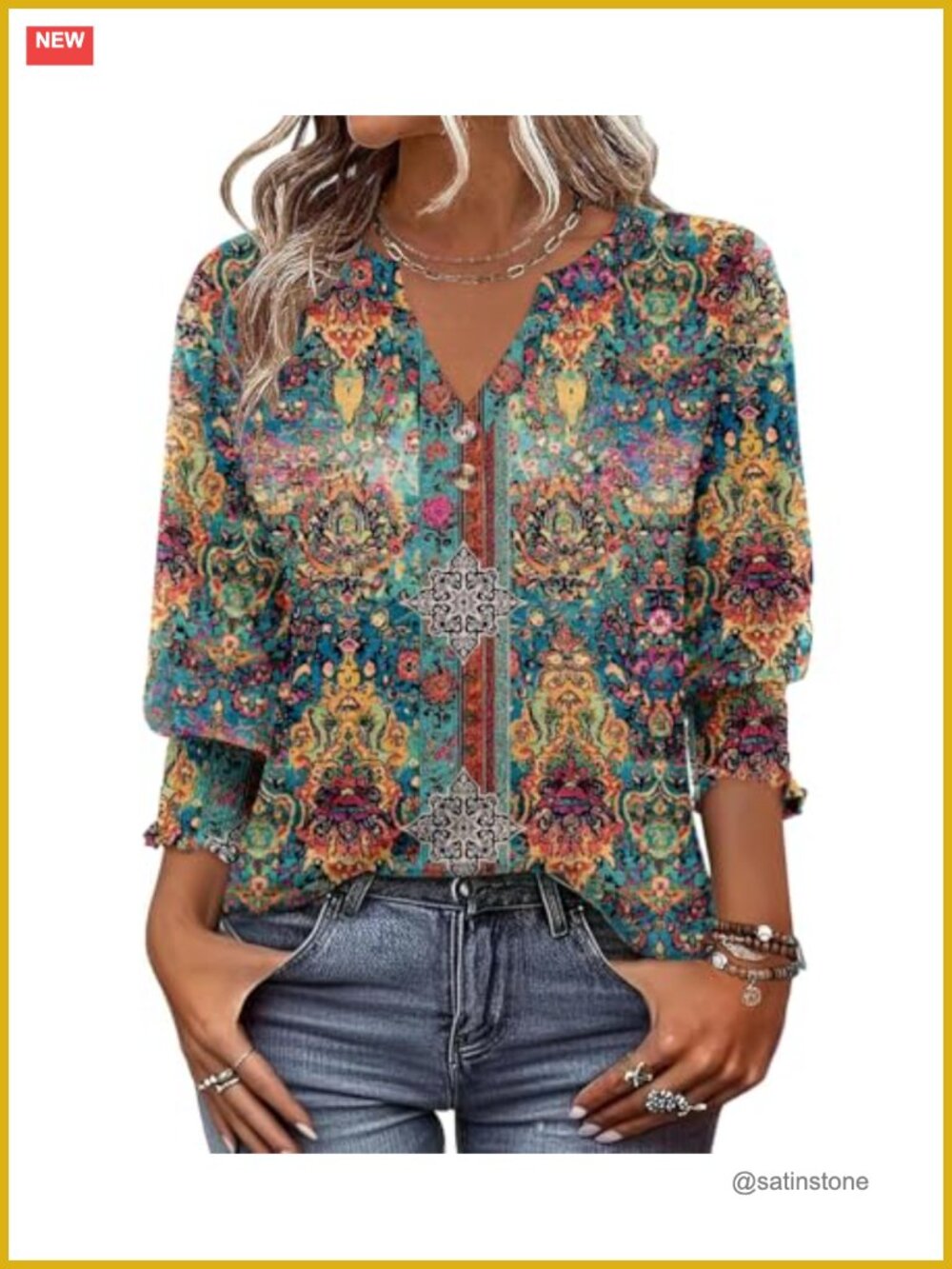 Women's 3/4 Sleeve V-Neck Tunic Blouse Button Up Rayon Blend
